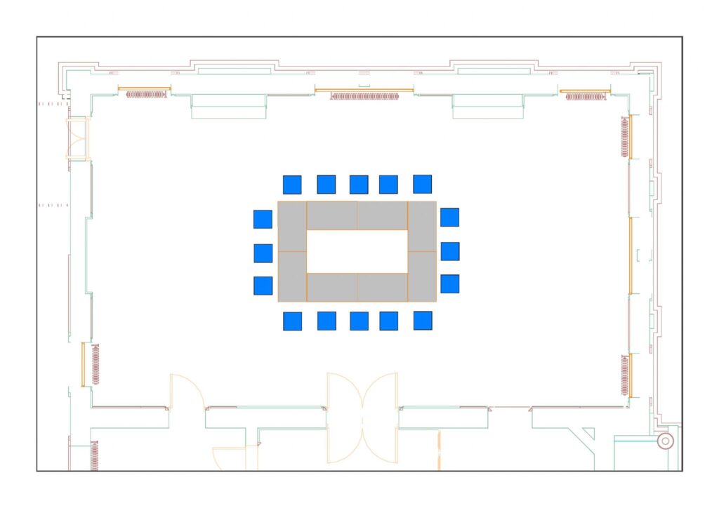 Council Chamber example layout with 16 chairs and 8 tables - boardroom