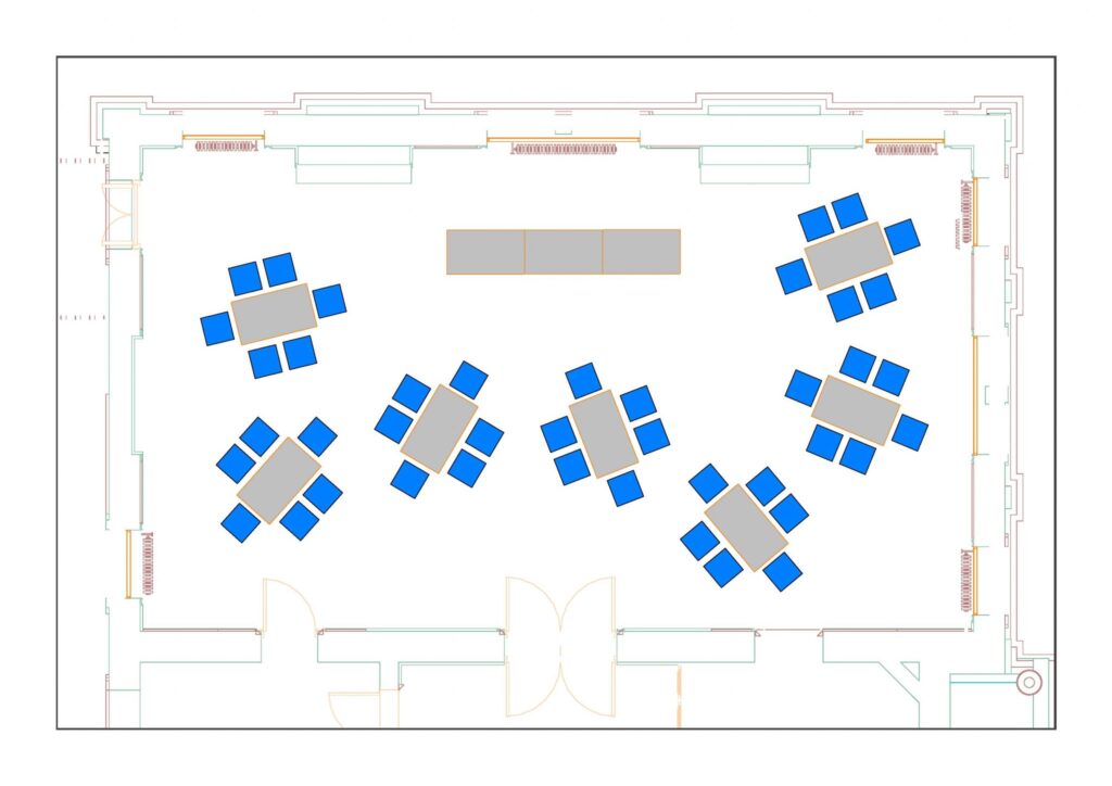 Council Chamber example layout with 42 chairs around 7 tables