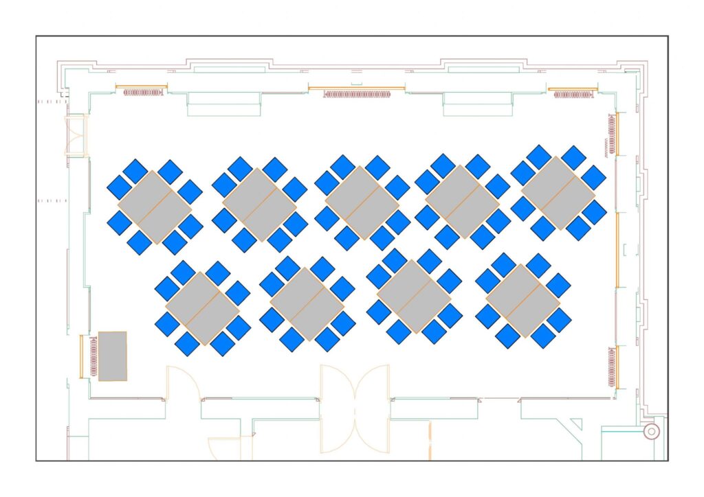 Council Chamber example layout with 72 chairs and 19 tables