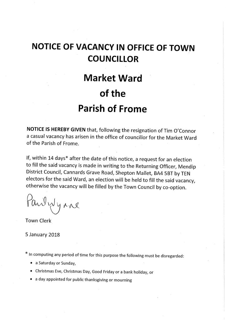 Notice of Vacancy Frome Town Council