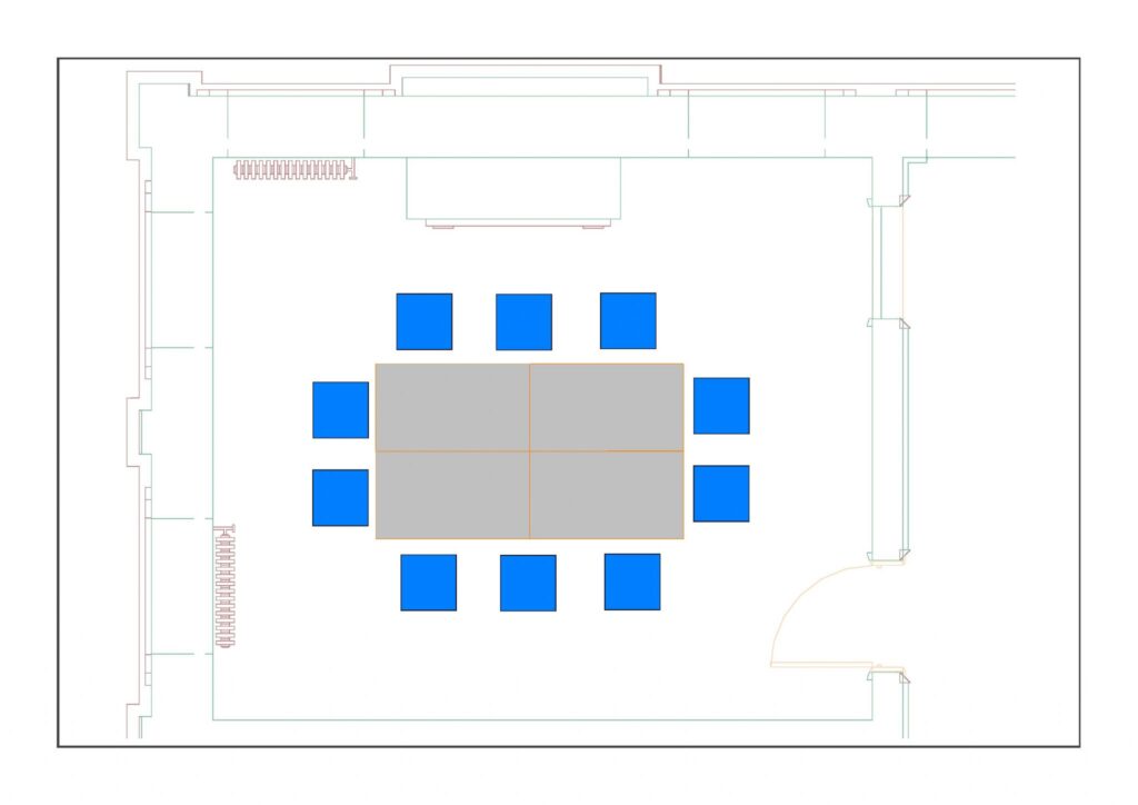 Multiuse Room 1 example layout with 10 chairs around 4 tables