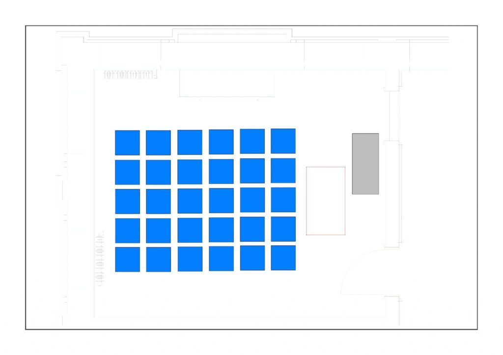 Multiuse Room 1 example layout with 30 chairs, 1 table and 1 television