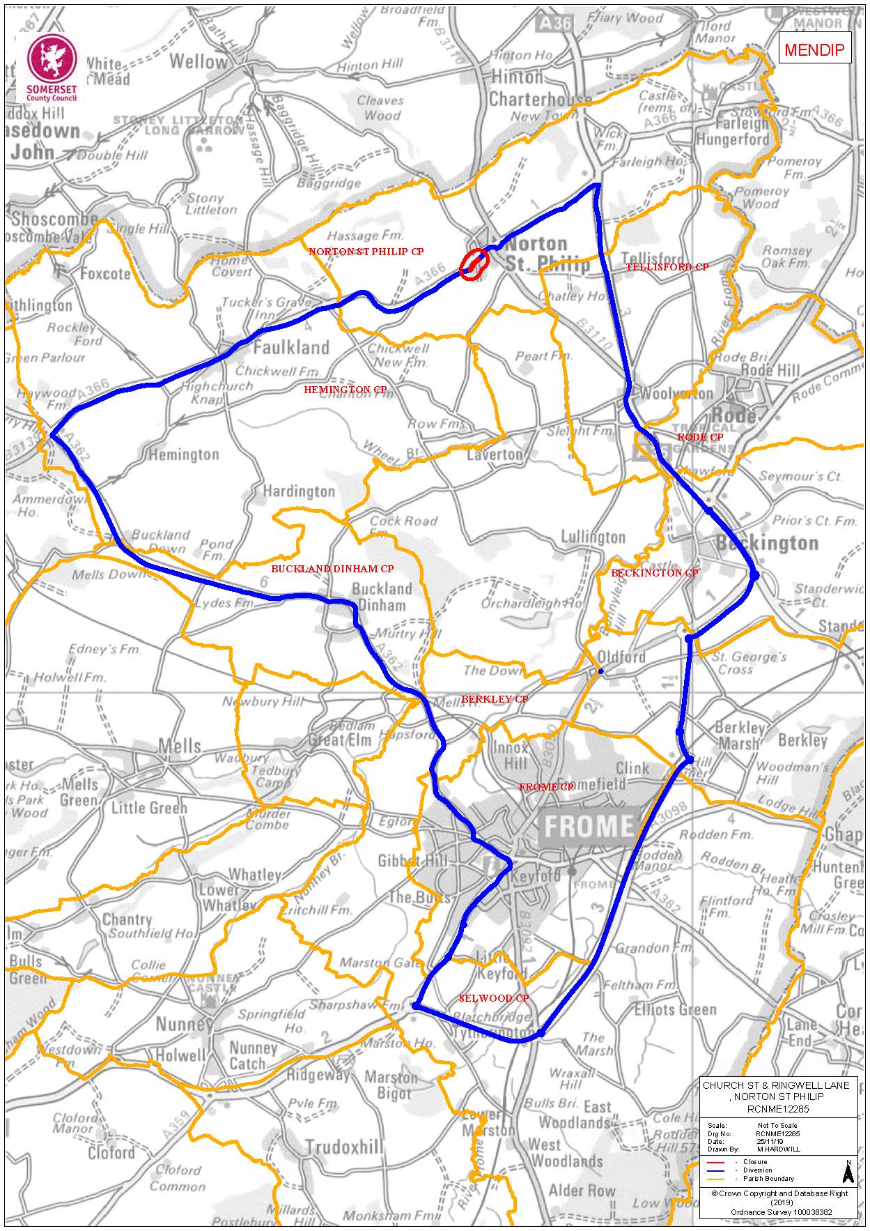 Map showing temporary road closure of Church Street and Ringwell lane, Norton St Philip