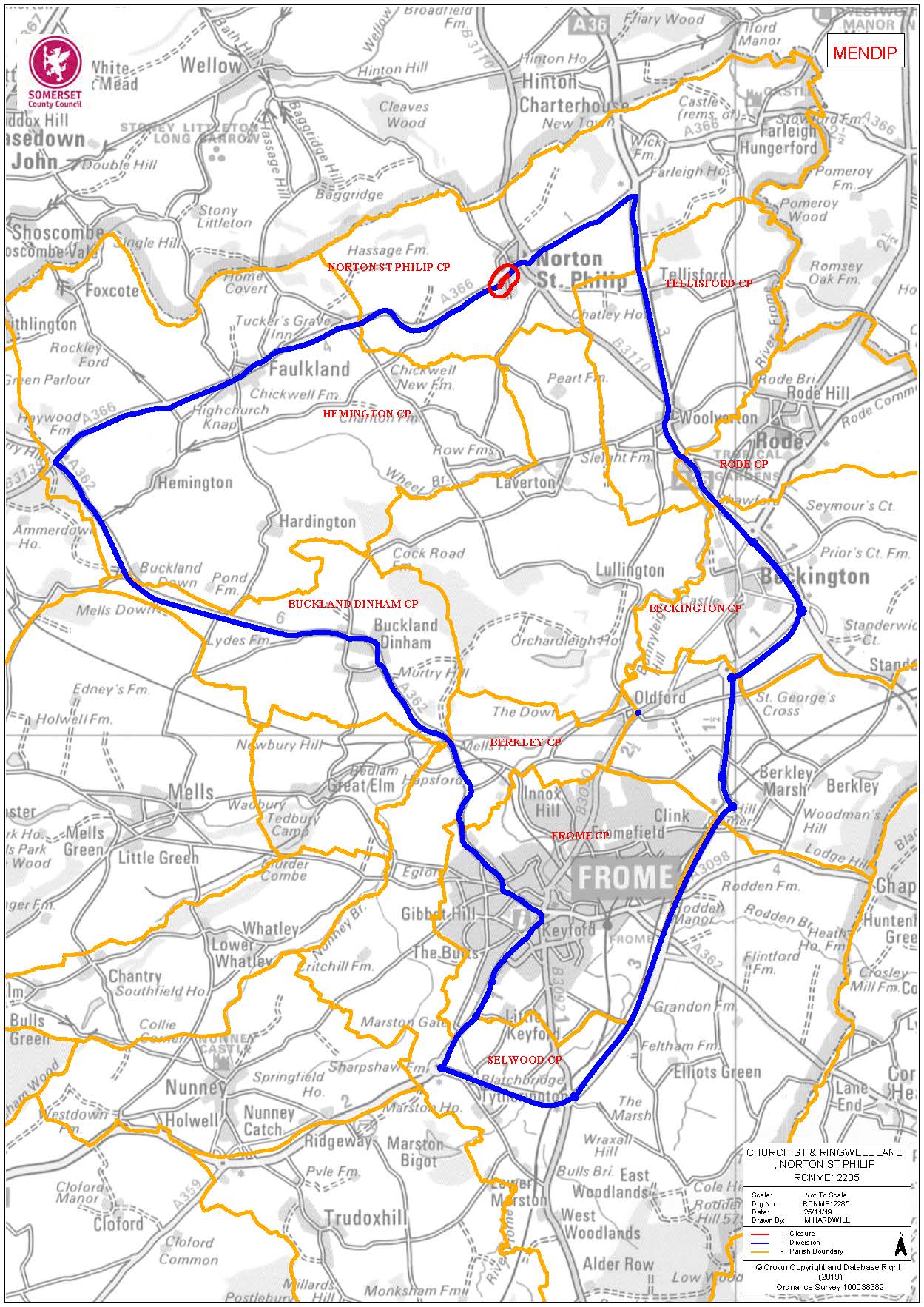 Map showing temporary road closure of Church Street and Ringwell lane, Norton St Philip