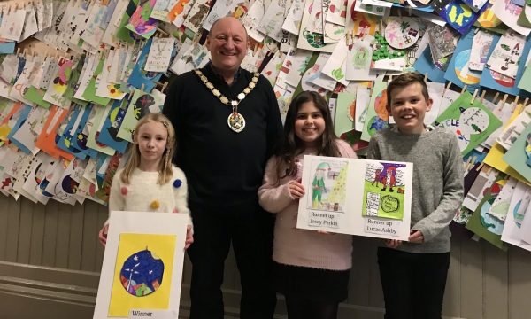 Mayor of Frome with the winners of the Christmas card competition