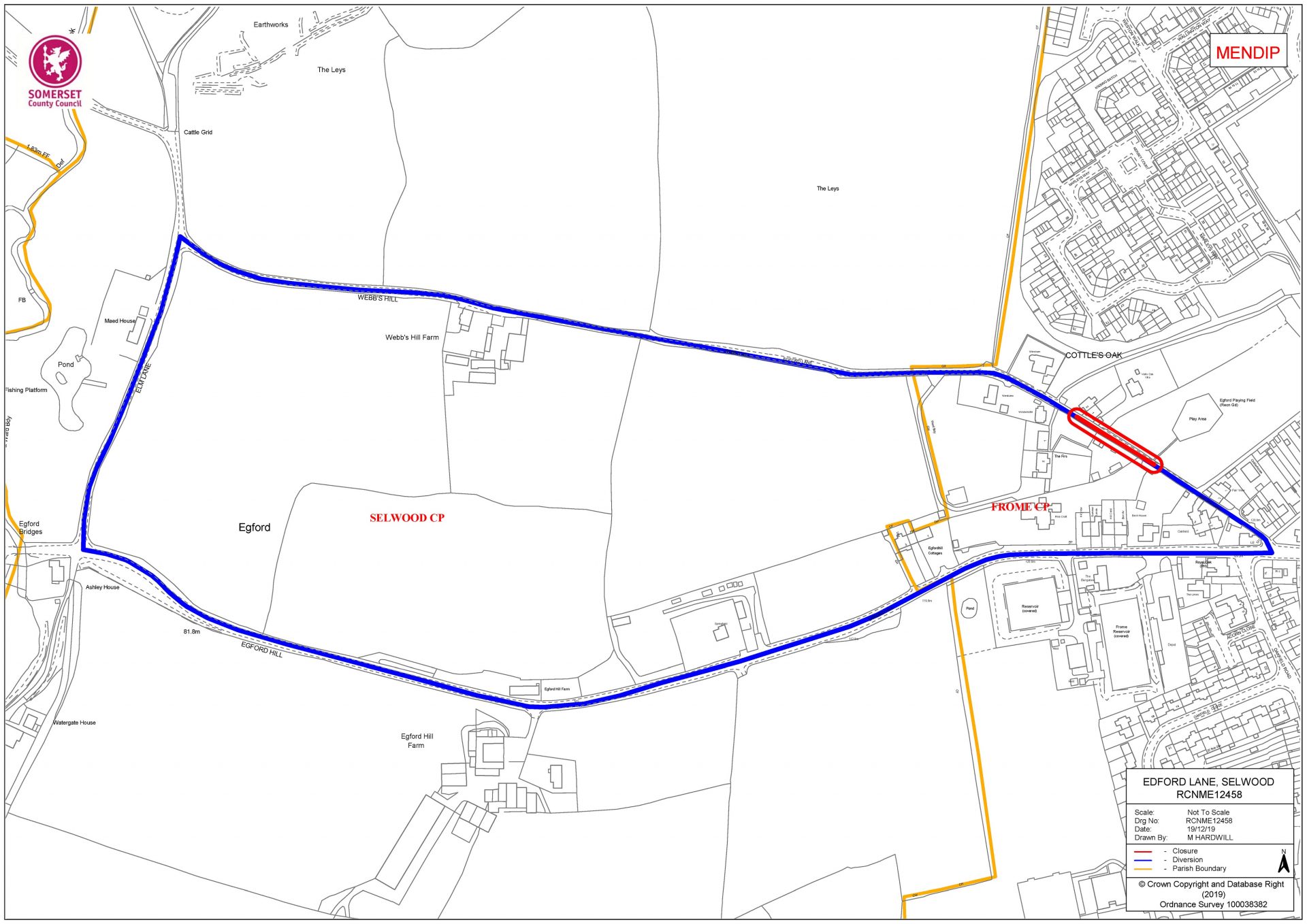 Map of Egford Lane temporary road closure
