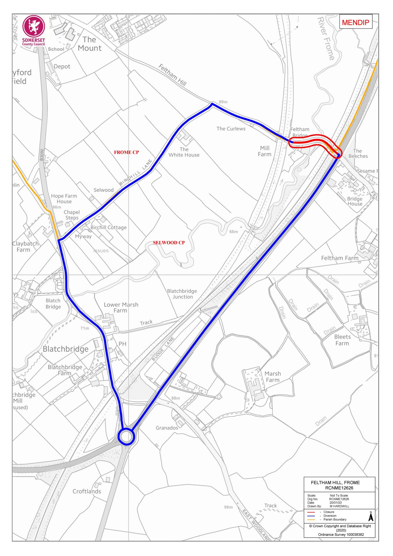 Map of Feltham Hill road closure