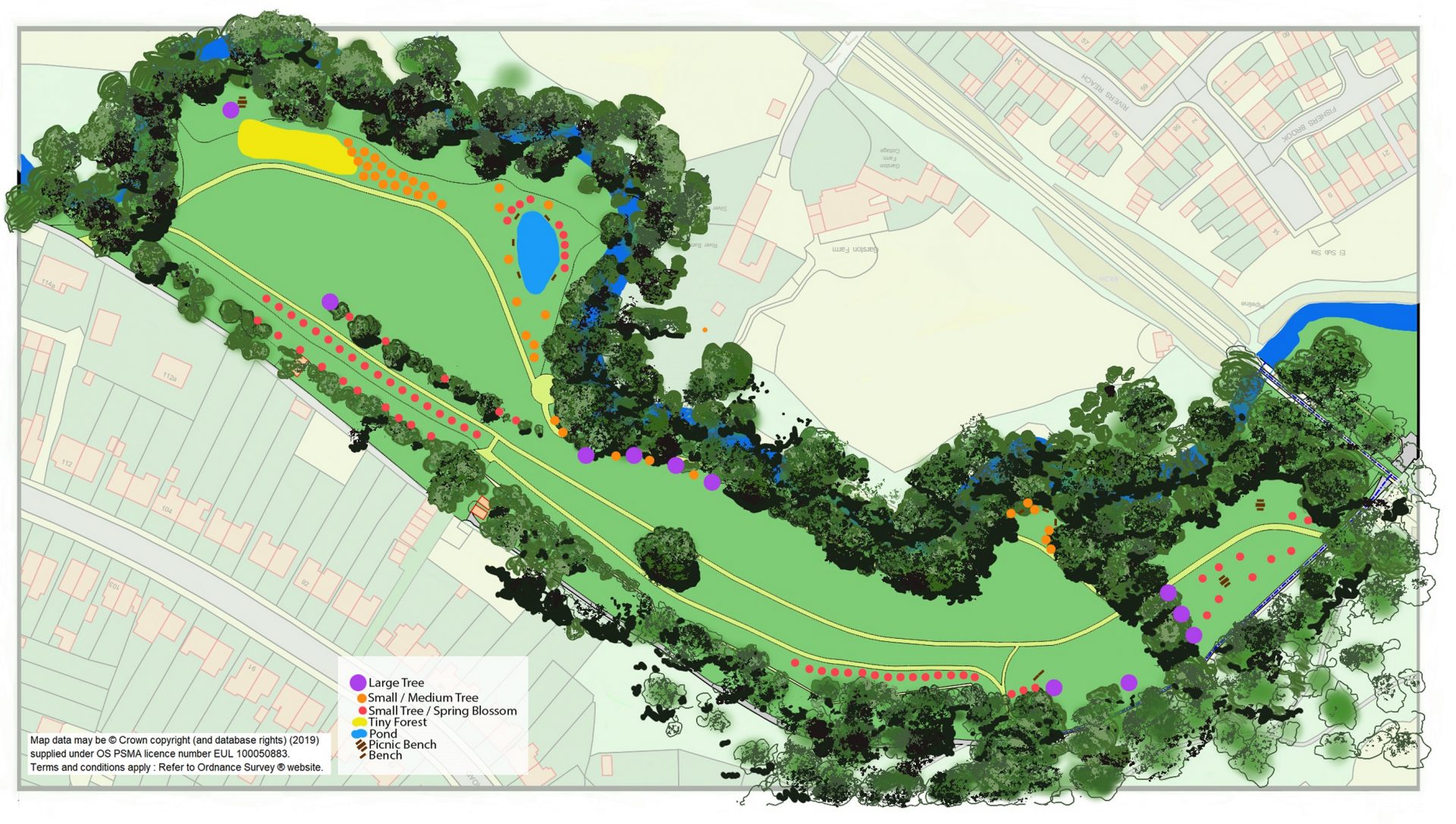 Map showing proposed tree planting in Rodden Meadow.