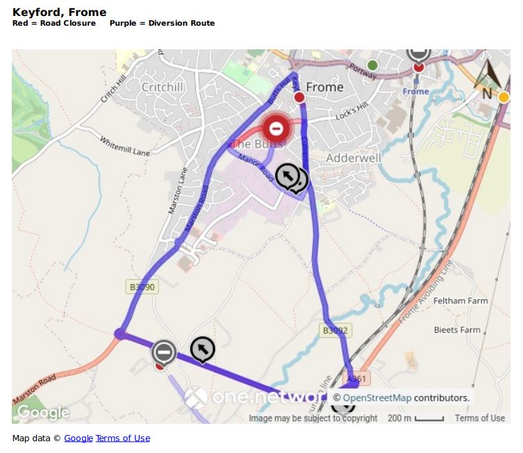 Map showing Keyford road closure