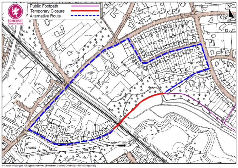 Map showing footpath closure at Pilly Vale railway bridge