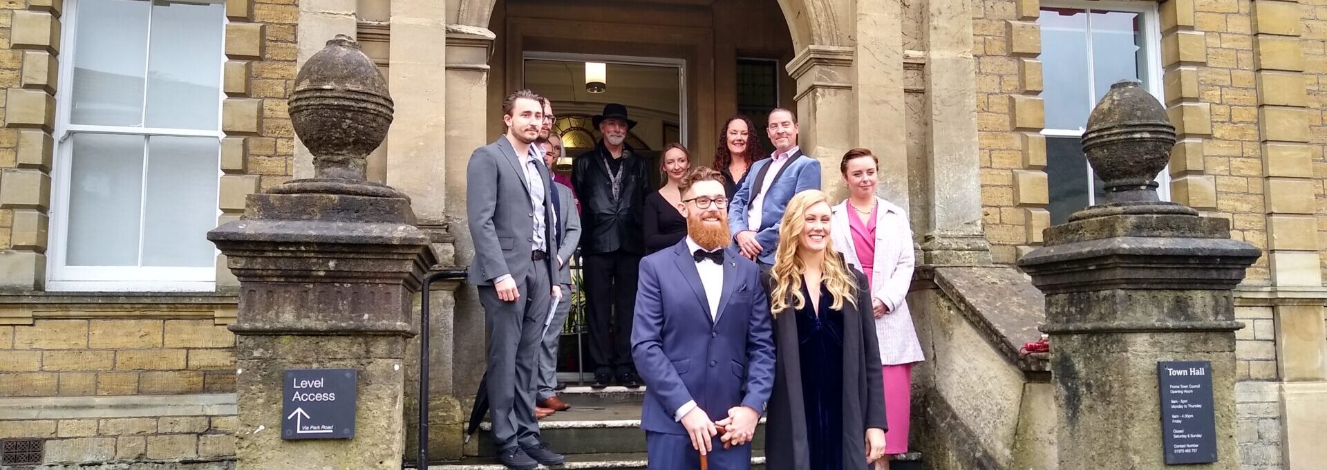 Wedding party on the steps of Frome Town Hall