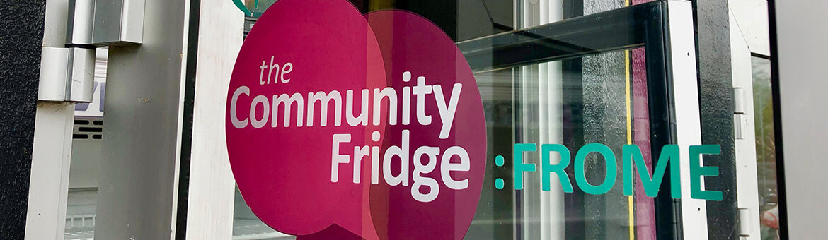 The door of Frome's community fridge featuring the fridge logo