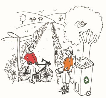 Cartoon drawing of a guy on a bike and another with a skateboard on a lane standing next to a recycling bin.