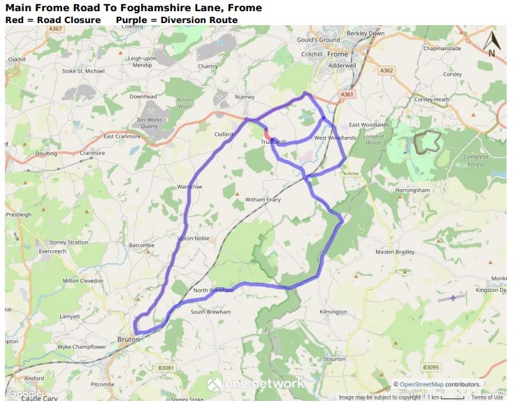 Main Frome Road to Foghamshire Lane road closure map1