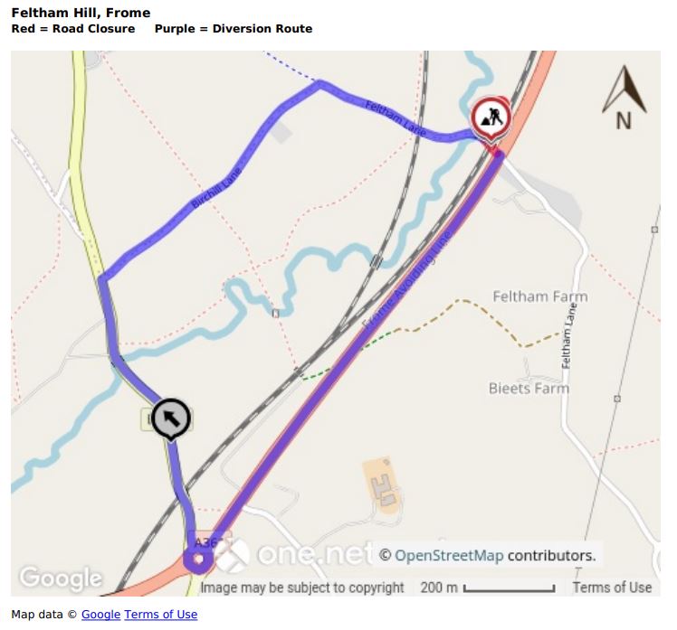 Map of Feltham Hill road closure and diversion route