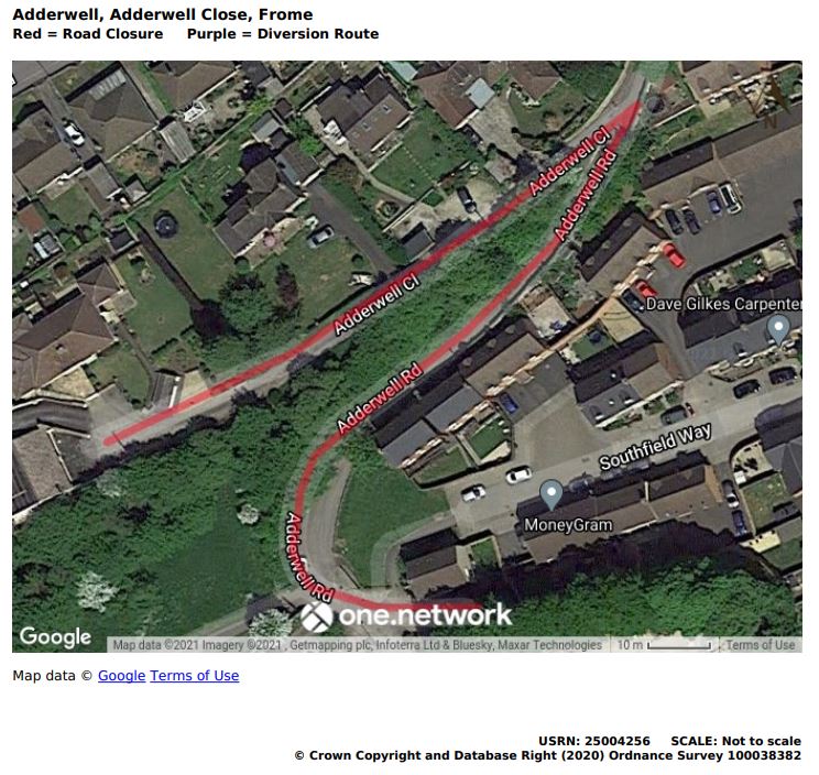 Map showing Adderwell road closure June 2021