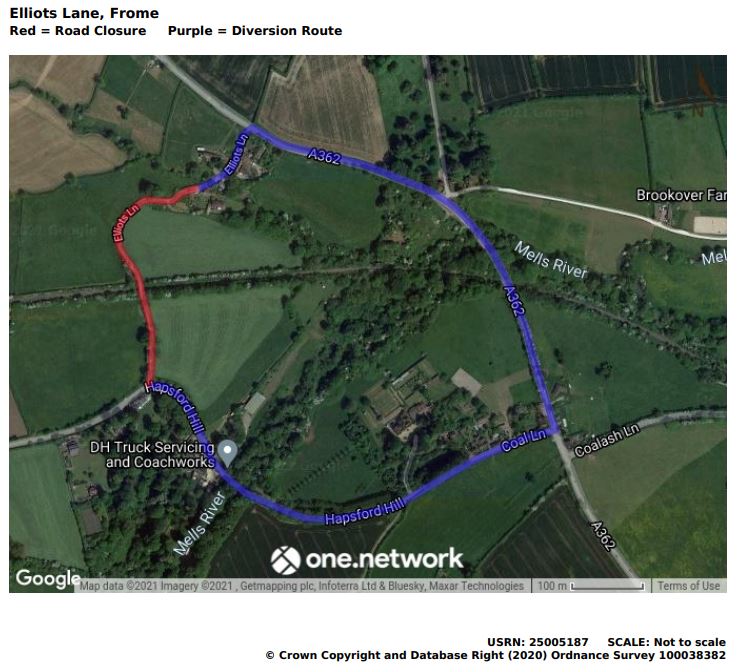 Map of Elliotts Lane road closure June 2021