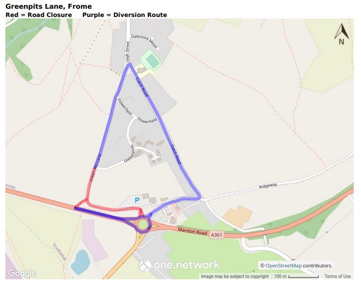 Map of Greenpits Lane road closure June 2021
