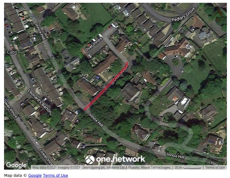 Map showing Over Innox road closure June 2021