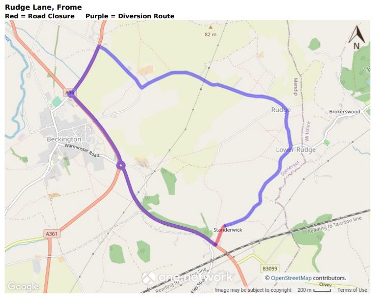 Map showing Rudge Lane road closure June 2021