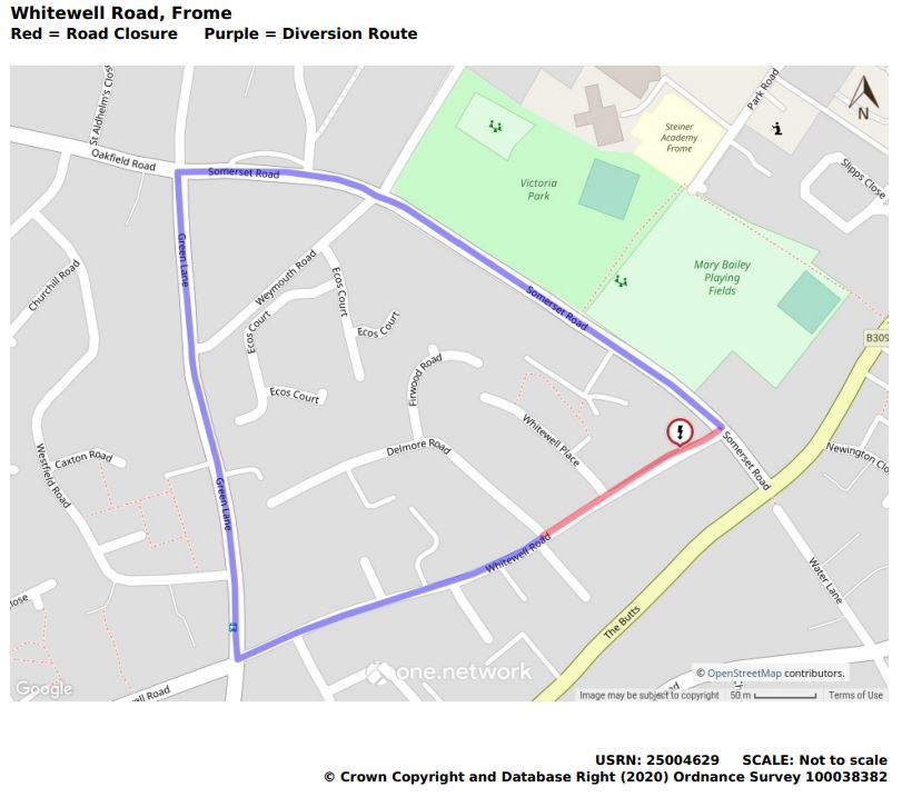 Map showing Whitewell Road closure and alternative route