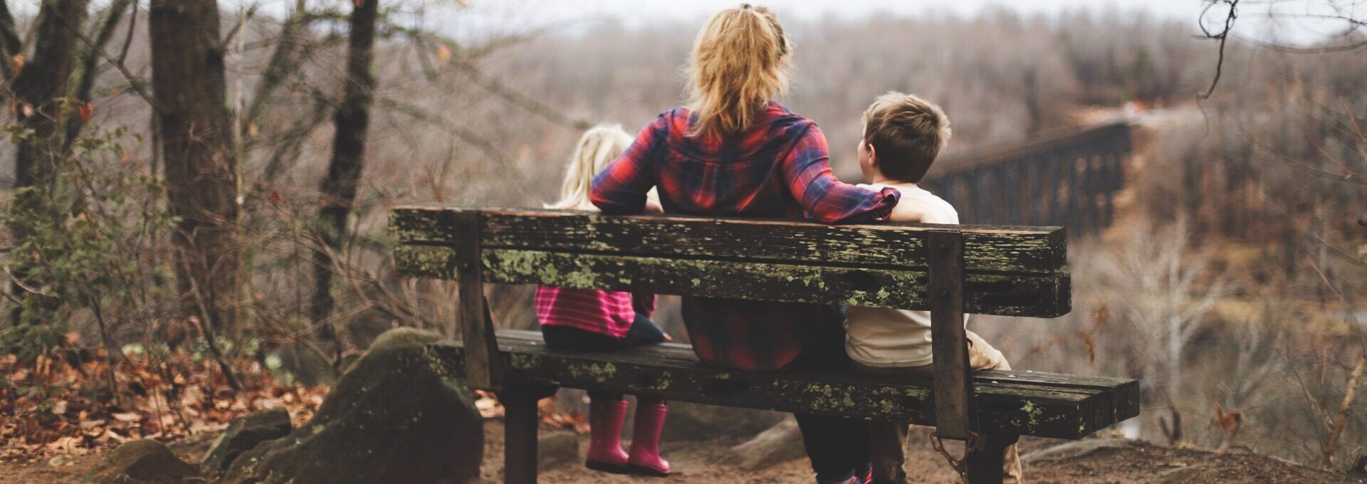 Mother and children sitting on bench