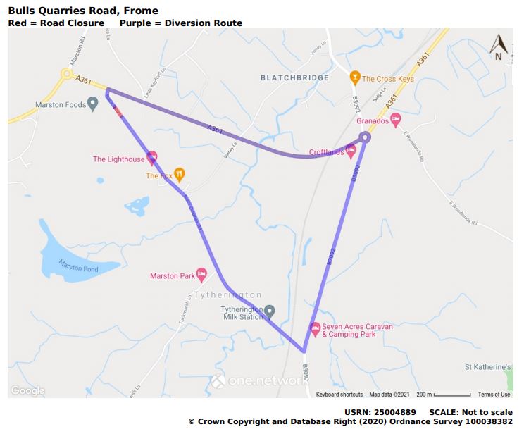 Map of Bulls Quarries Road closure August 2021
