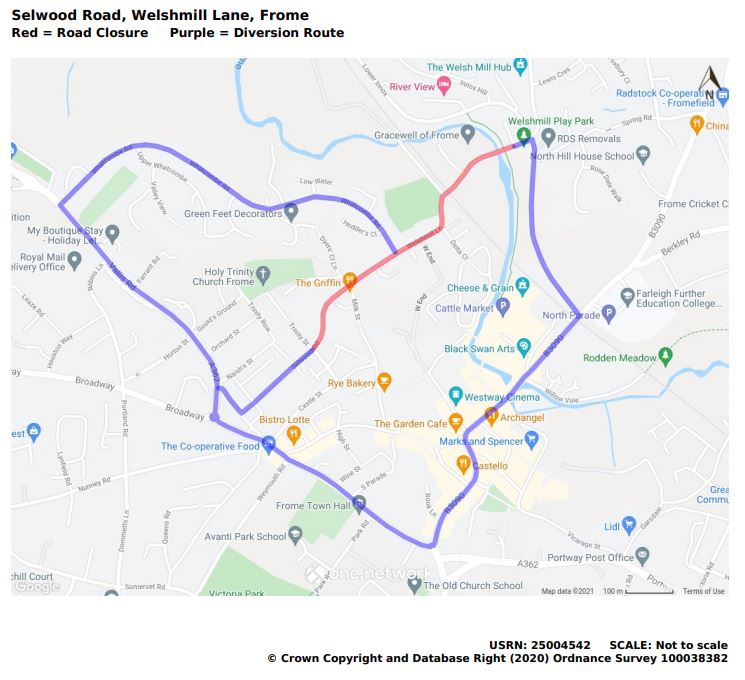 Map showing Selwood Road and Welshmill Lane closure