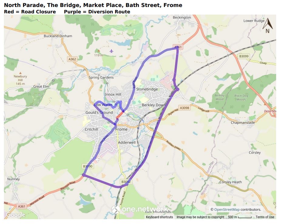 Map of North Parade, Bath Street, Market Place and The Bridge road closure