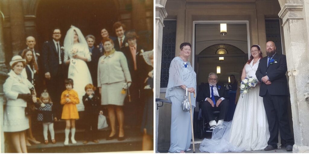 Two photos of weddings at Frome Town Hall one from 1973 and the other 2021