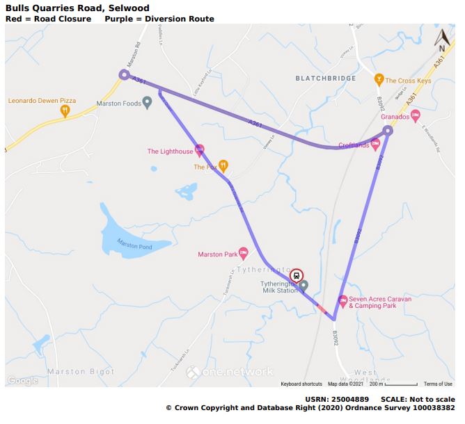 Map of Bulls Quarries Road temporary road closure January 2022