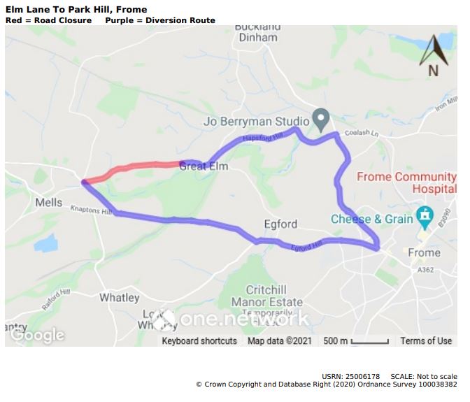 Map of Elm Lane to Park Hill road closure January 2022