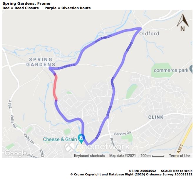 Map of Spring Gardens road closure January 2022