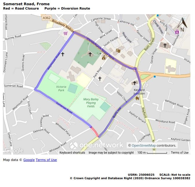 Map of Somerset Road closure alternative route February 2022