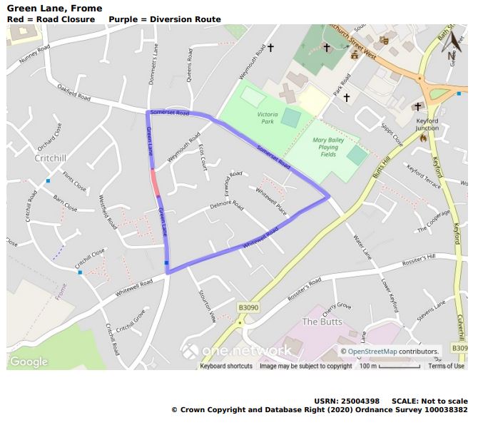 Map of alternative route for Green Lane road closure February 2022