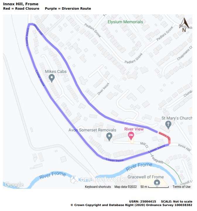 Map of Innox Hill temporary road closure March 2022