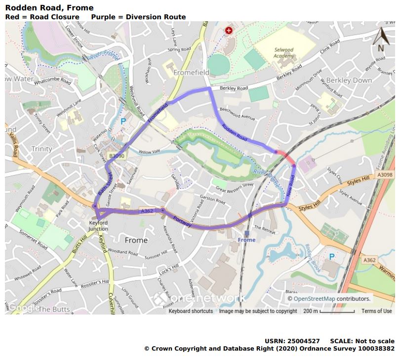 Map of Rodden Road temporary road closure March 2022
