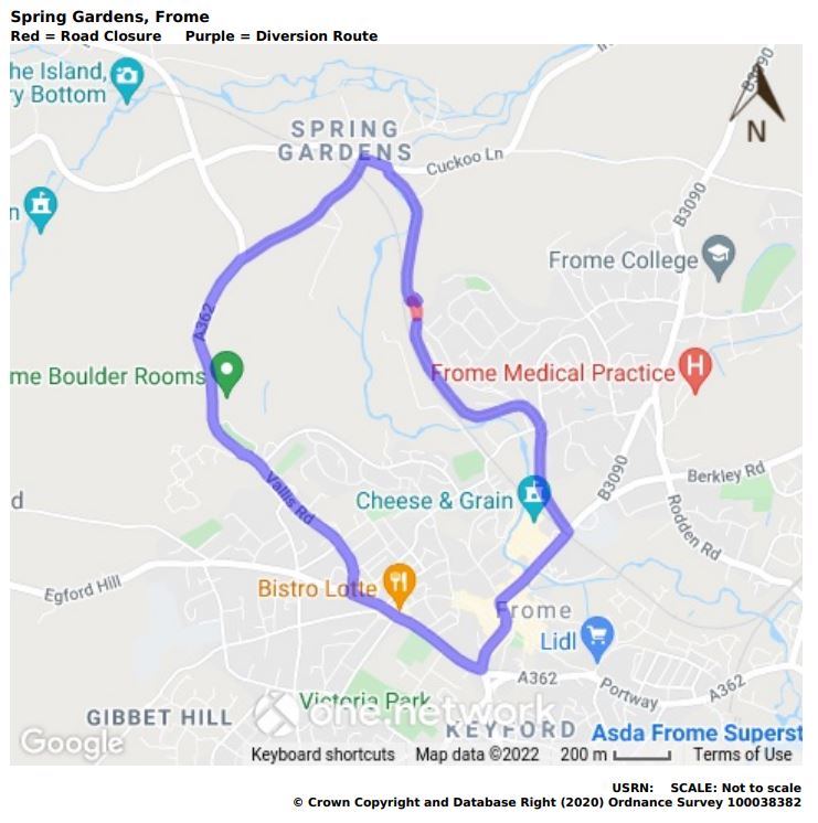 Map of Spring Gardens temporary road closure March 2022