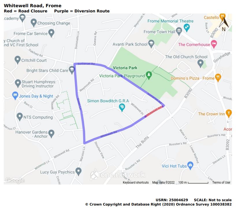 Map of Whitewell Road temporary road closure March 2022