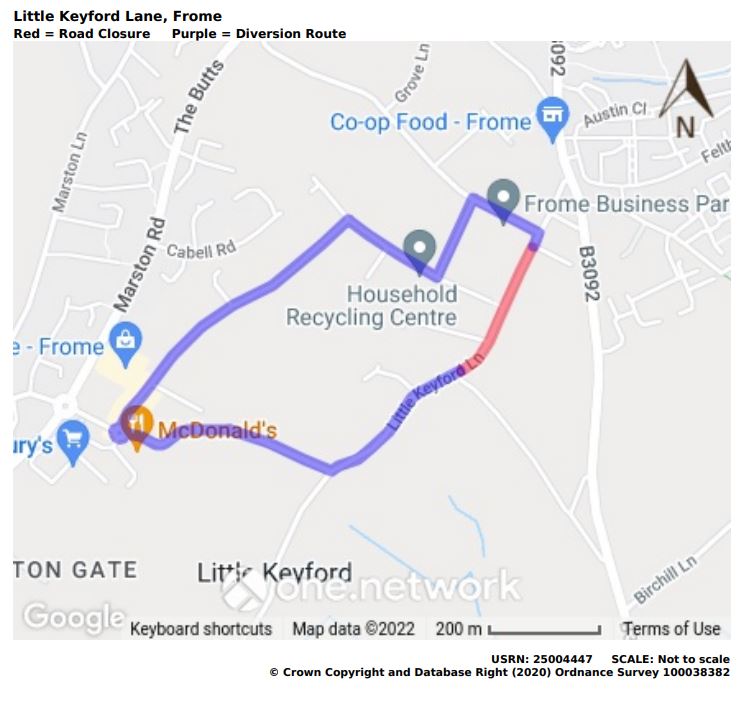Map of Little Keyford Lane road closure April 2022
