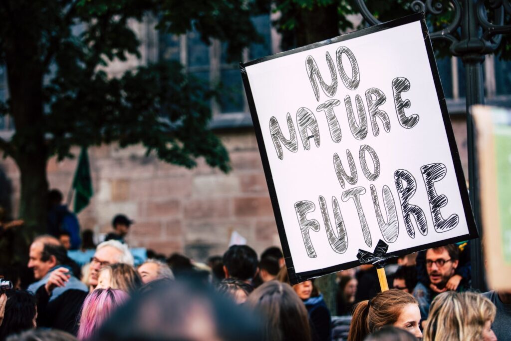 A crowd of people stand to protest. One holds a big sign that read 'no nature no future'