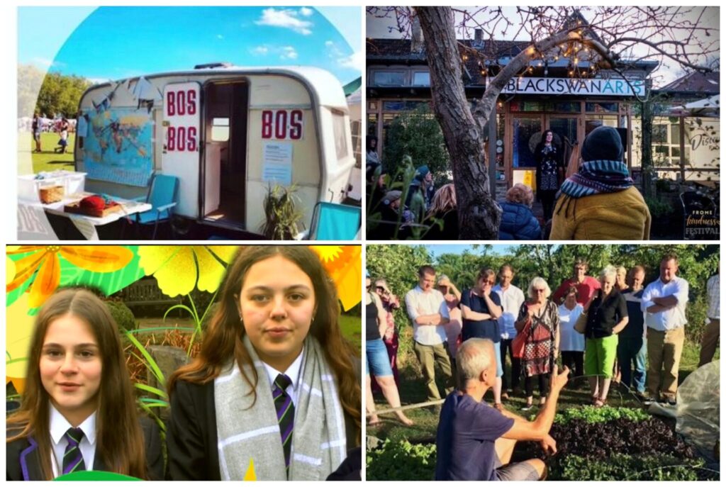 Four images. The top left shows a caravan with a world map pinned to it, the top right shows people listening to a talk outside Black Swan Arts. The bottom left shows two school children in uniform in front of giant yellow flowers, and the bottom right shows a speaker knelt down showing a soil sample to a group of onlookers.
