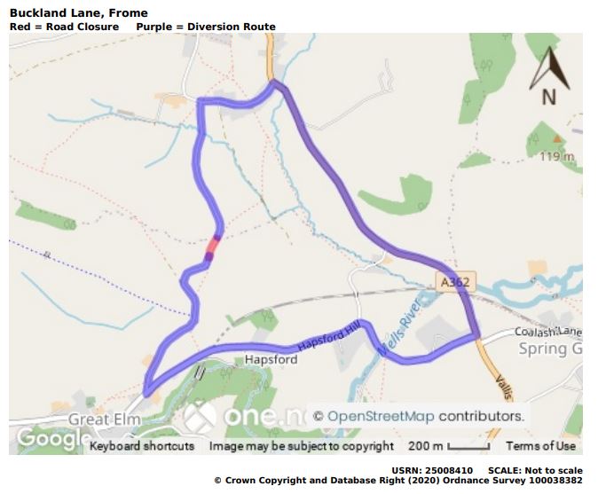 Map of Buckland Lane temporary road closure June 2022