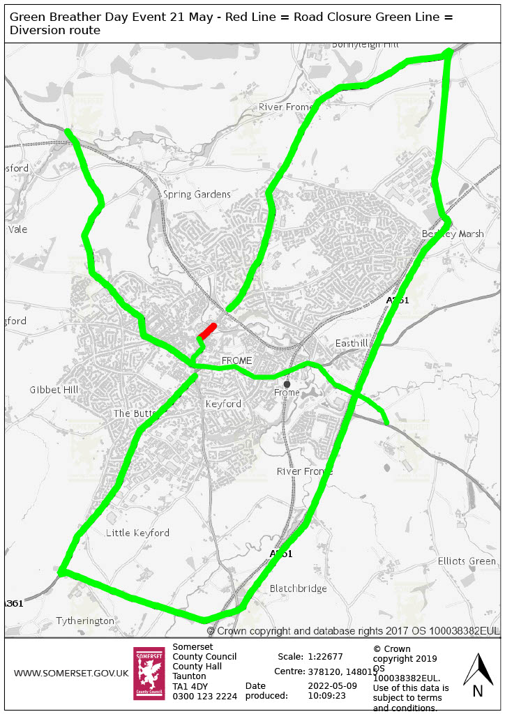 Map of road closure for Green Breather Day May 2022