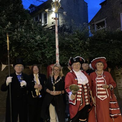 The Mayor, the Town Crier , followed by Tony Beauchamp the piper and Bugler Kirstie Jones from Frome Town Band and Reg Ling