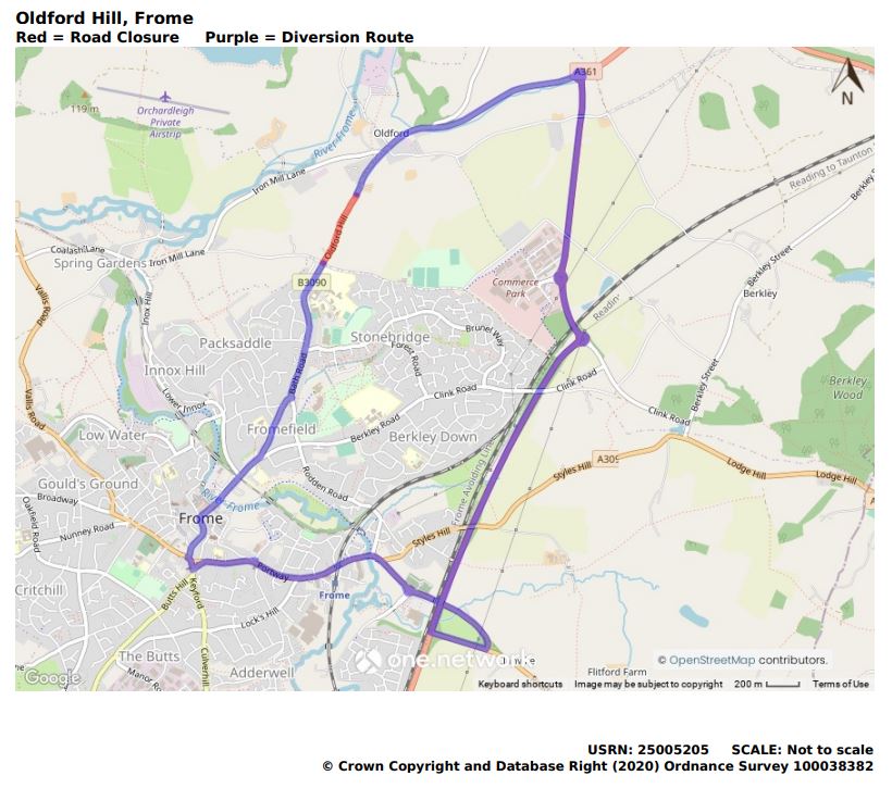Map of Oldford Hill road closure August 2022