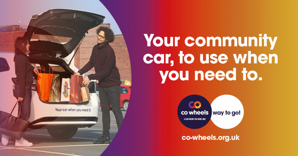 Two people putting bags in the boot of a car that has 'your car when you need it' printed on its bumper. 

There is a caption reading 'Your community car, to use when you need to.'