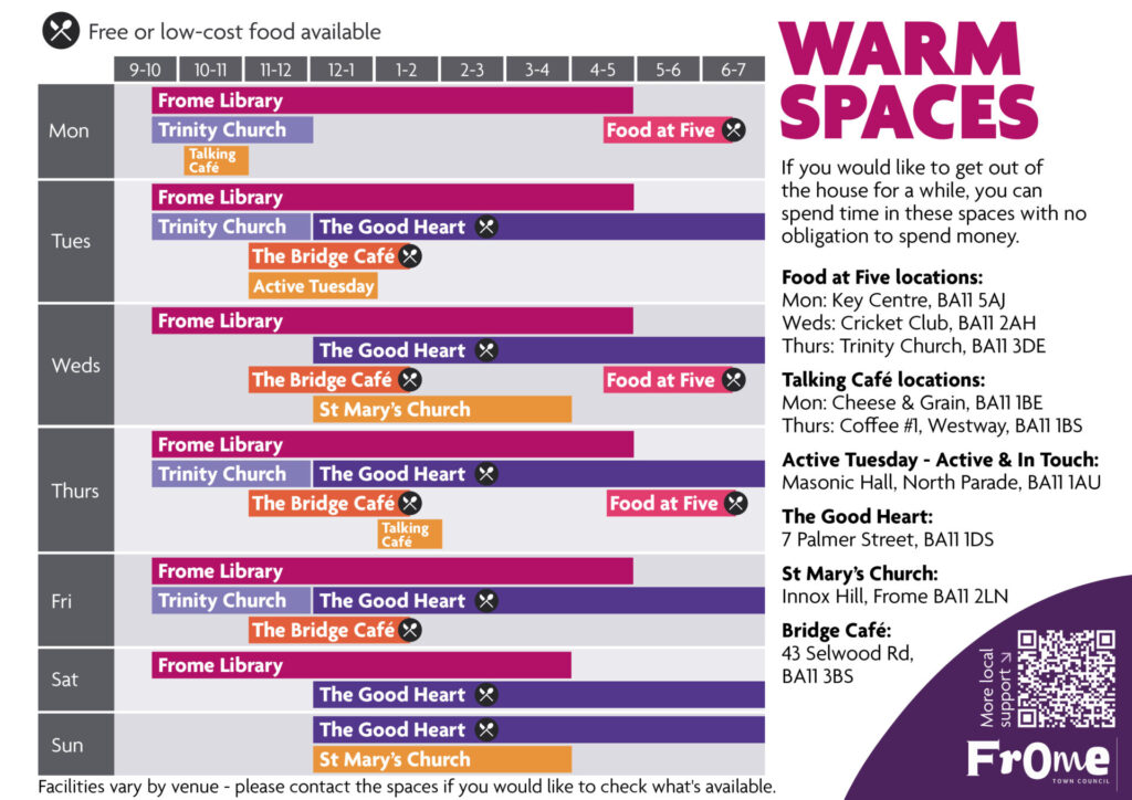 A graphic outlining all of the warm spaces open over the winter and the timings. A calendar download is available further down this page.