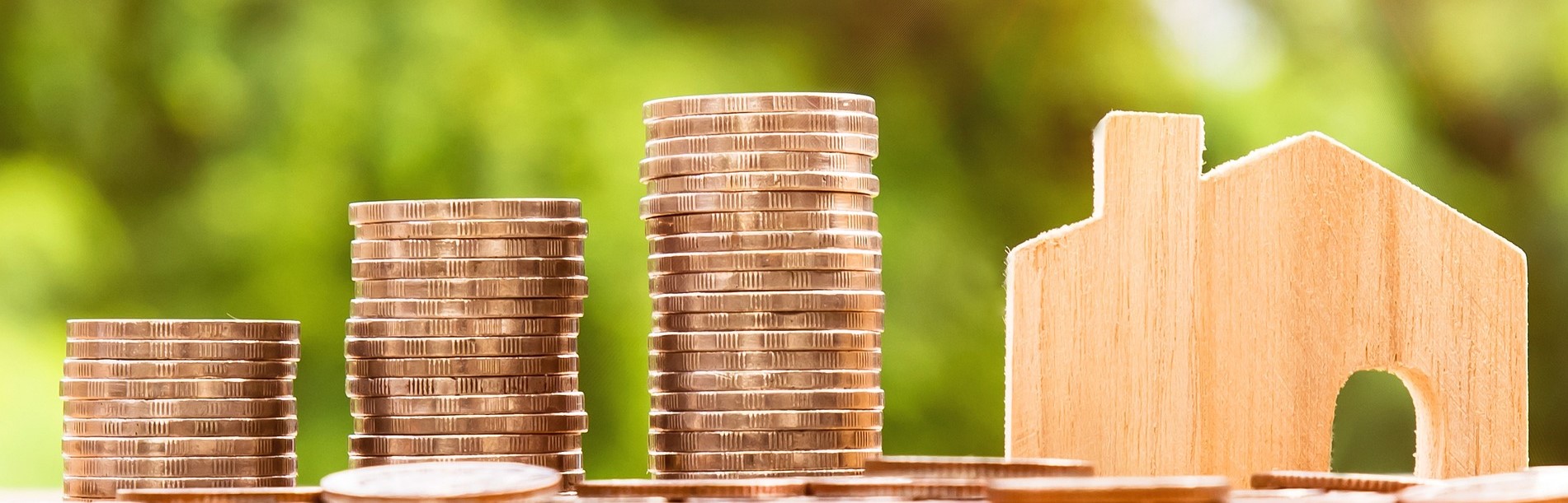 Piles of coins next to wooden house