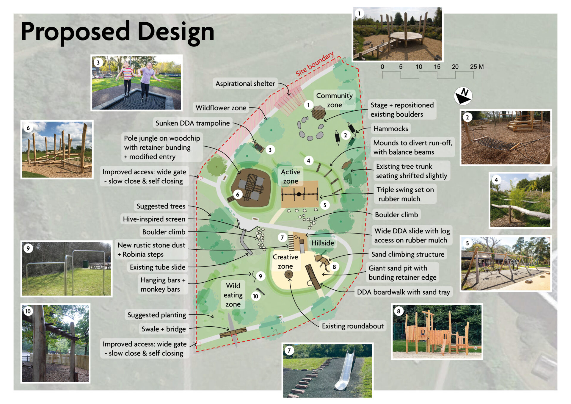 Proposed design map showing Old Showfield play park design split into 4 to 5 zones with a mix of new and existing equipment and improved access